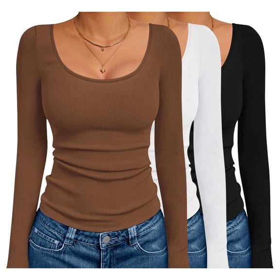Ekouaer 3 Pack Long Sleeve Shirts for Women Scoop Neck Ribbed Thermal Tops Slim Fit Basic Undershirts
