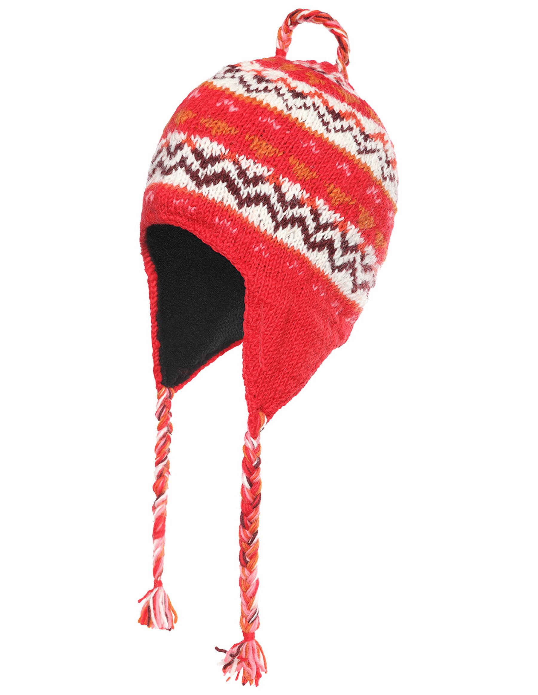 The Collection Royal Woolen and Fleece Lined Knitted Winter Sherpa String Ear Flap Beanie Hat for Women Red