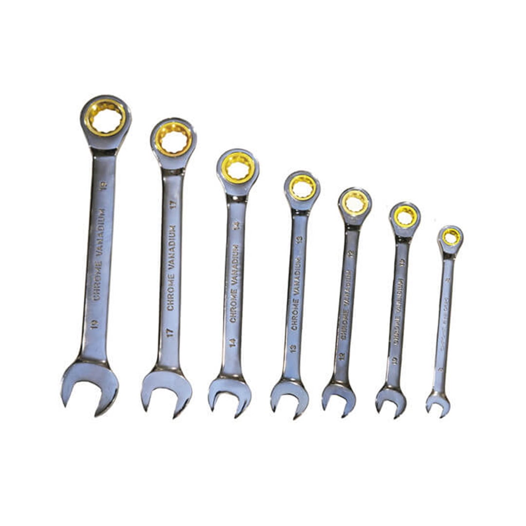 KINGWOLF 7-Piece Metric Combination Ratchet Wrenches Set, 8-19mm CR-V Ratcheting Wrench Set with Tool Pouch