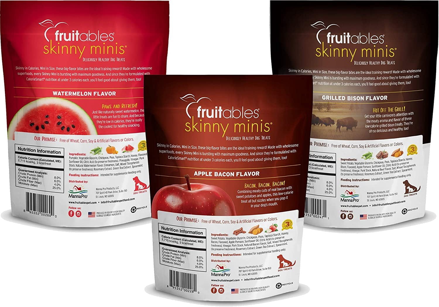 Fruitables Soft and Chewy Skinny Minis Grain Free Dog Training Treats Variety Pack of 6-1 of Each Flavor C25