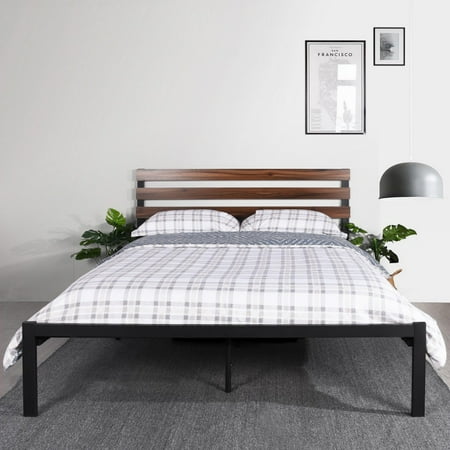 Metal And Wood Bed Frame HOMY CASA Bed Frame Full Size with Wood Slats Metal Platform Bed Base with Wood Headboard No Need Box Spring Mattress Foundation, Black ()