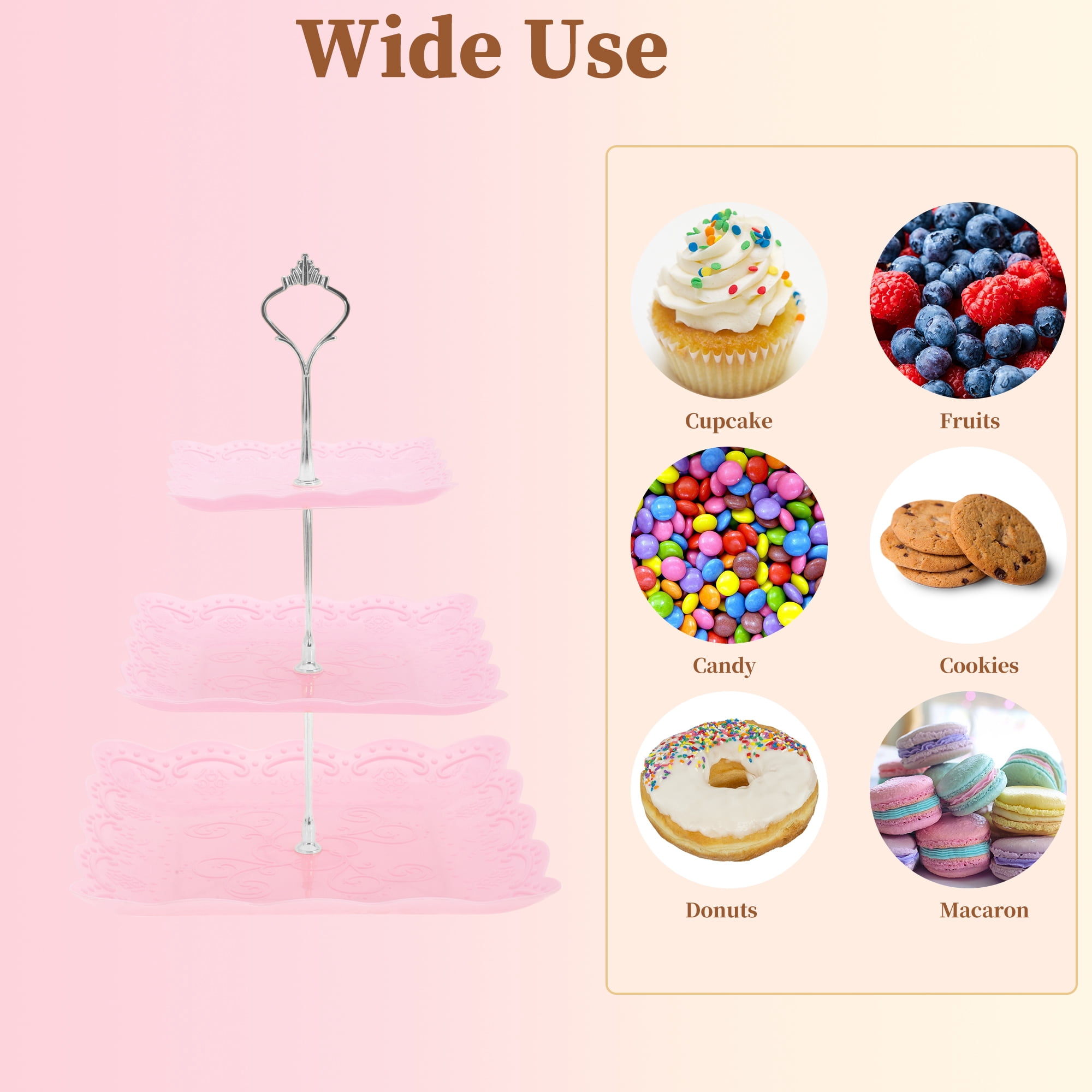 Unique Bargains 3 Tier Cupcake Stand Holder for Donuts Fruits, Pink Silver Tone