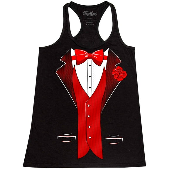 Shop4Ever Women's Red Bow Tie Classic Tuxedo with Rose Flower Racerback Tank Top Large Black