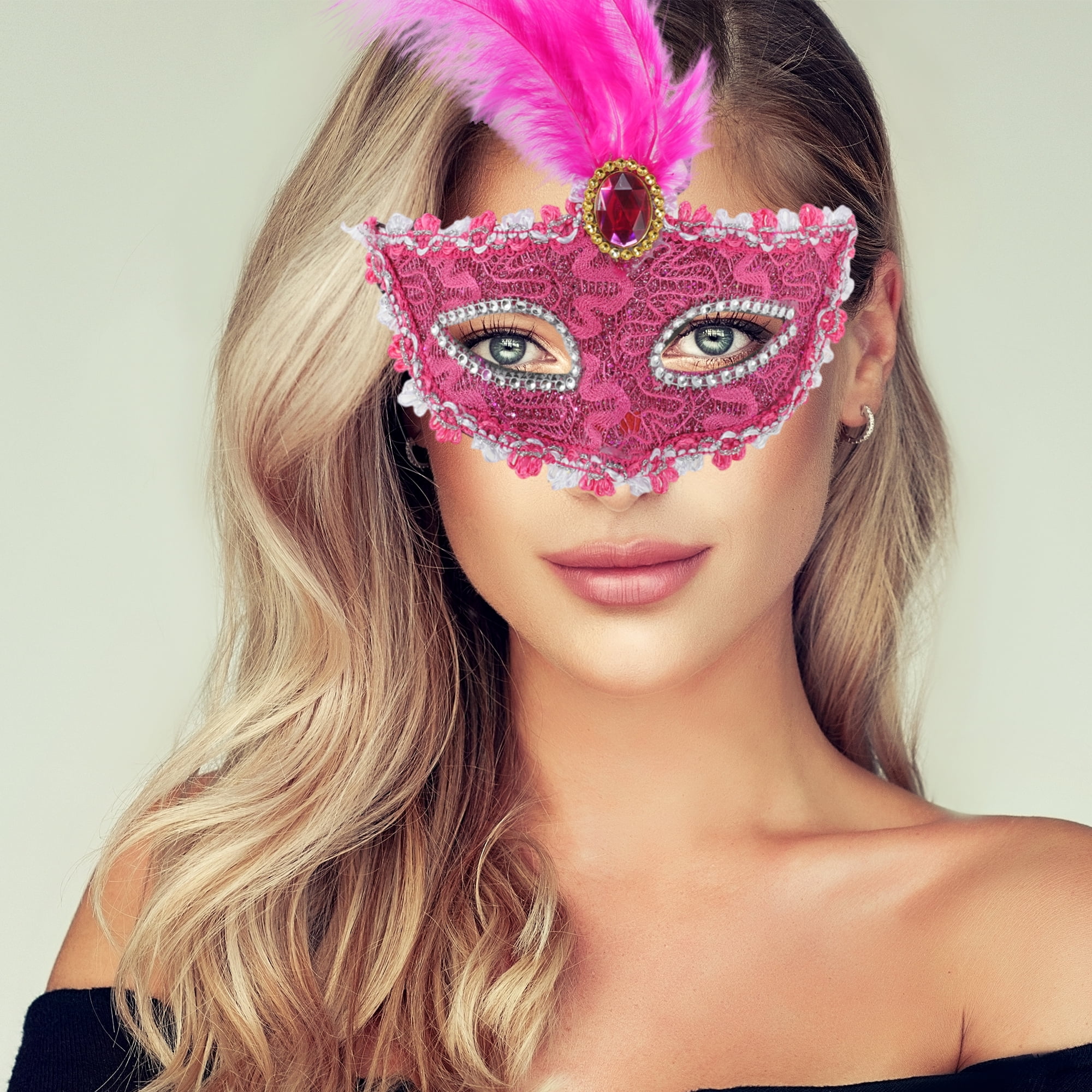 Unique Bargains Dragon Pattern Feather Half Face Party Mask 1 Pcs Rose Red