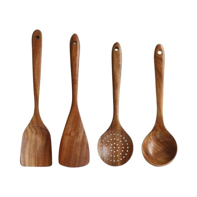 Kitchen Aid Juego de utensilios de cocina de teca natural - Cuchara de cocina de agarre cómodo, cuchara de madera para cocinar - Juego de utensilios de madera para cocinar