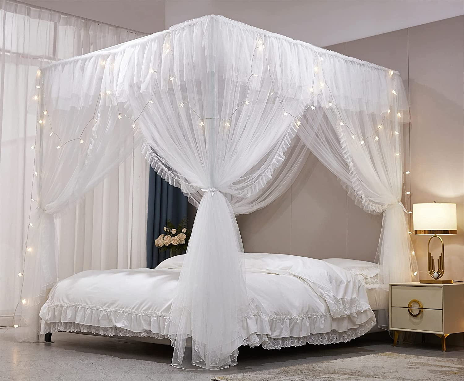 4 Corners Post Ruffle Princess Bed Canopy Curtain-Double Layer Cozy Drape Netting 4 Opening Mosquito Net for Girls Adults Bedroom Decoration (White/White, 59" W*82" L*82"*H/(Queen))