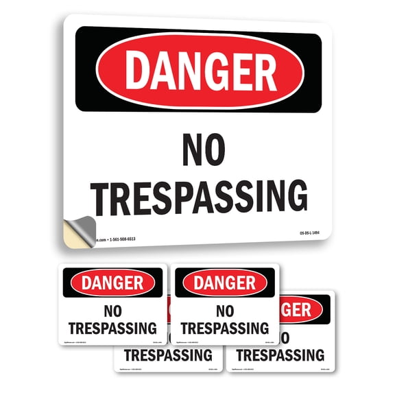 No Trespassing OSHA Danger Vinyl Decal Label 7 Inch x 5 Inch - 5 Pack