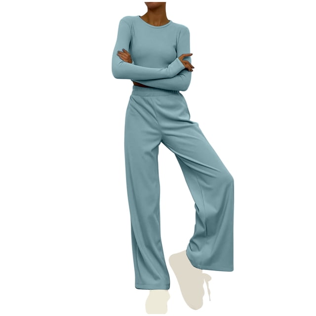 Timegard Lounge Outfits for Women Long Sleeve Round Neck Solid Color Cropped Tops Elastic Waist Wide Leg Pants Sets
