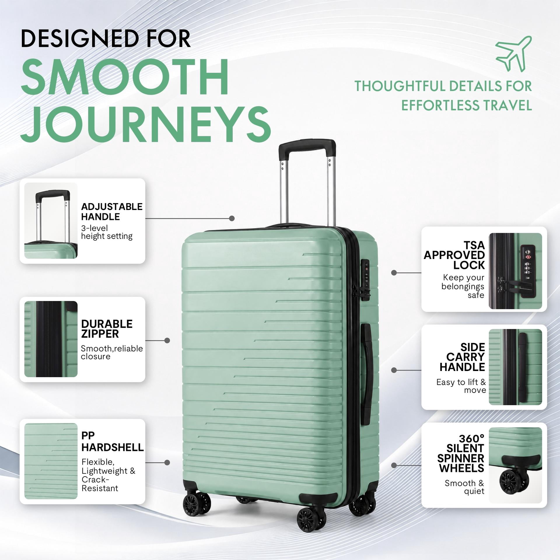3-Piece PP Hardshell Luggage Set, Lightweight Scratch-Resistant Suitcases with TSA Lock, 4 Silent Spinner Wheels, 20"/24"/28", Green