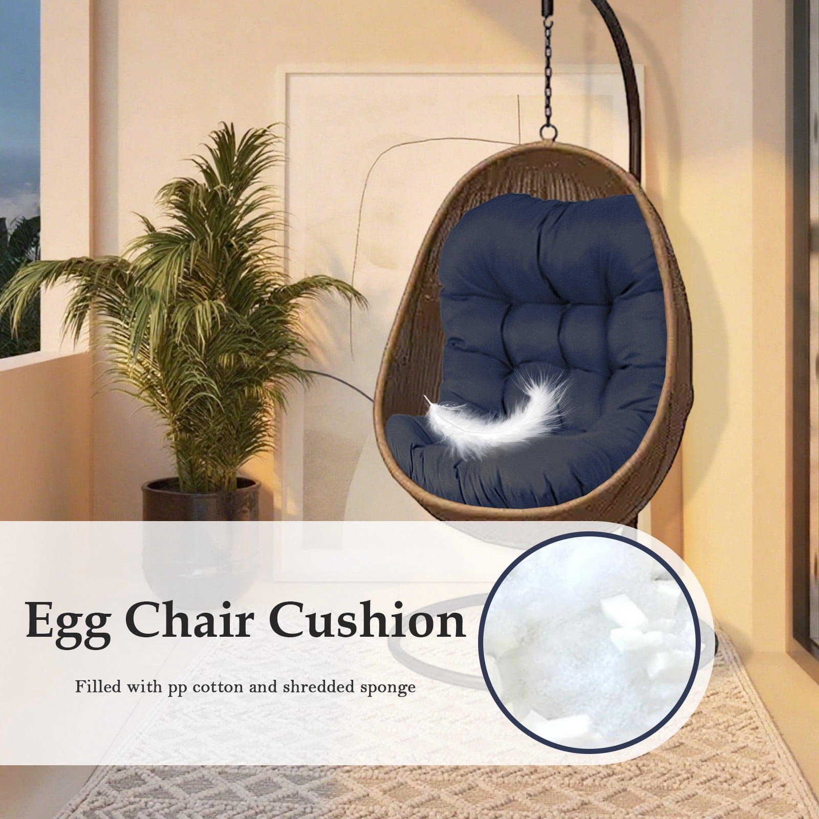 XXLYY Outdoor Egg Chair Cushion Replacement, 7.9”Thick Waterproof Hanging Chair Cushion with Ties for Patio & Porch