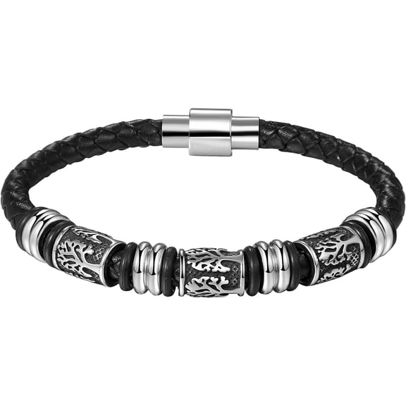 Avaner Tree of life Leather Bracelet for Men：Viking Stainless Steel Bracelet Braided Retro Gothic Punk Rock Viking Style Jewelry Gifts for Him Dad Grandpa Son Husband