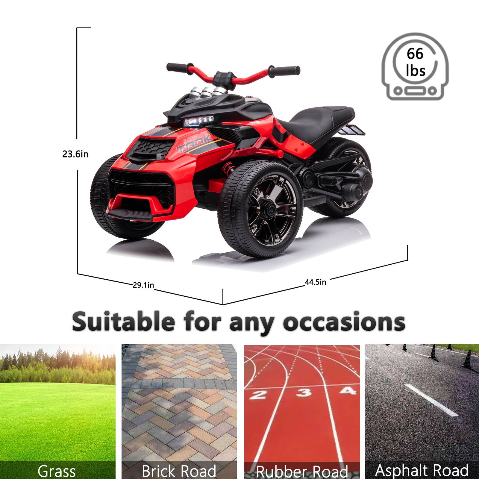 LUIBAS 24V Kids ATV Ride On Motorcycle Electric 3 Wheeler Ride-On Electric ATV Kids Ride On Toys for Kids with Battery Powered Motor, EVA Wheels, w/LED Lights, Bluetooth, MP3 for 3+ Years, Red