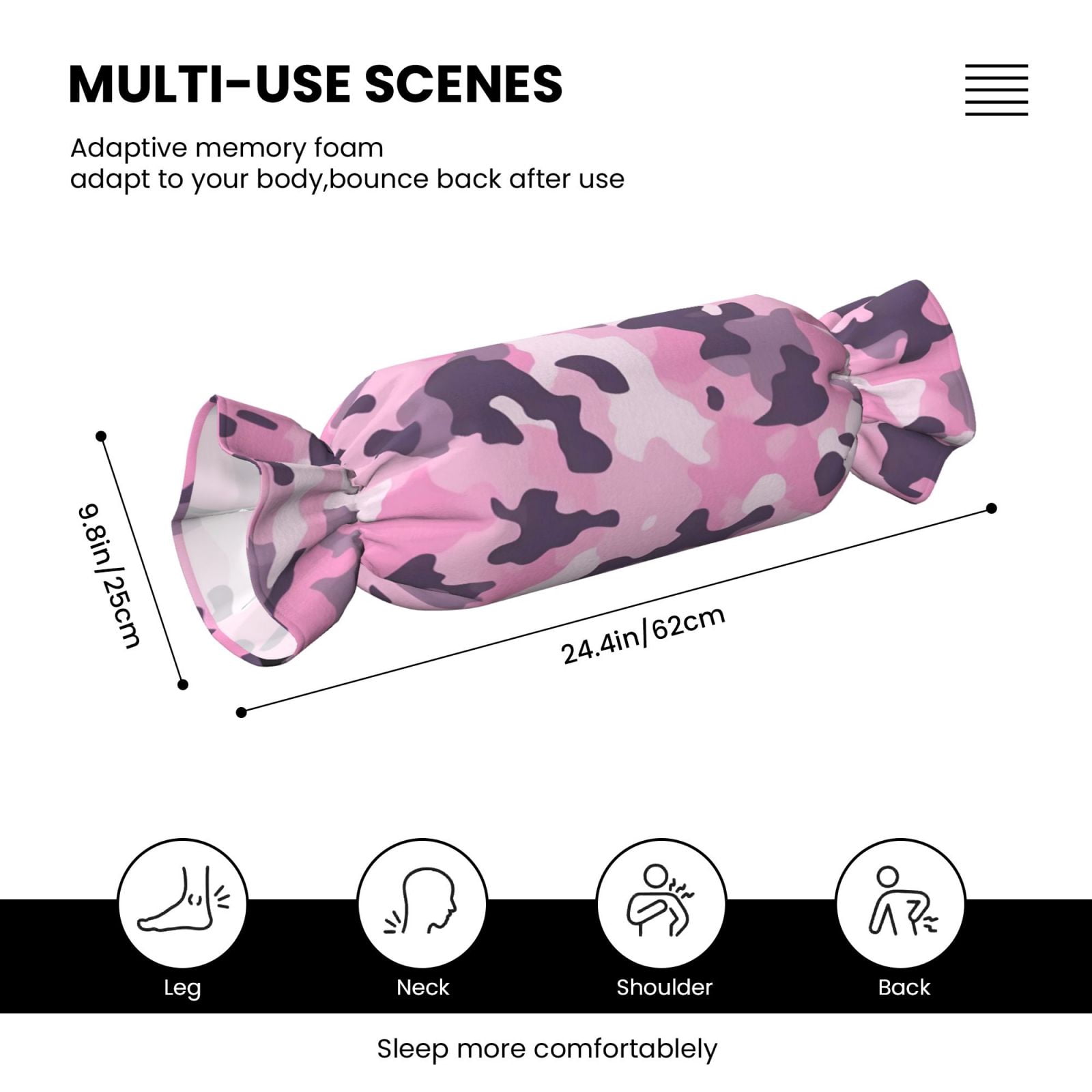 Candy Throw Pillow Travel Cervical Pillow Cylindrical Neck Body Cushion With Insert For Bed Couch Home Decor 9.8x24.4in Texture Military Camouflage Pattern Abstract Pink_3