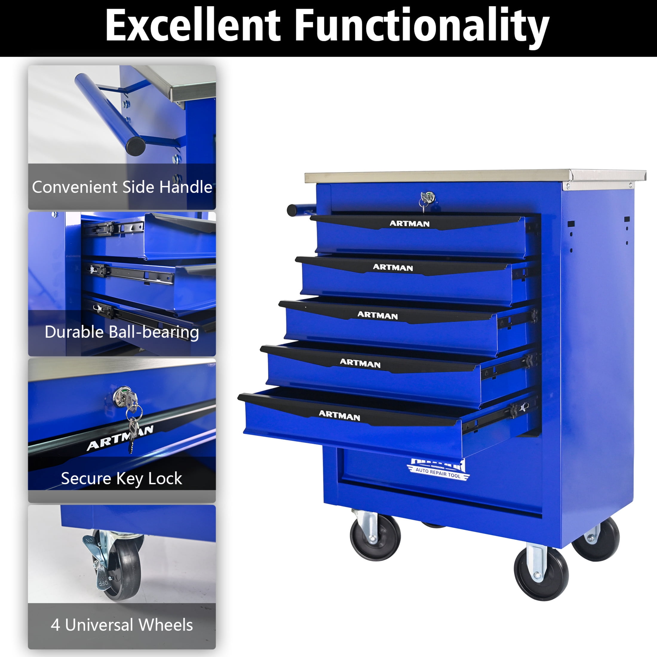 Noble House 6-Drawer Rolling Tool Organizer Cart, Steel Mobile Chest Storage with Worktop for Garage Workshop, Blue