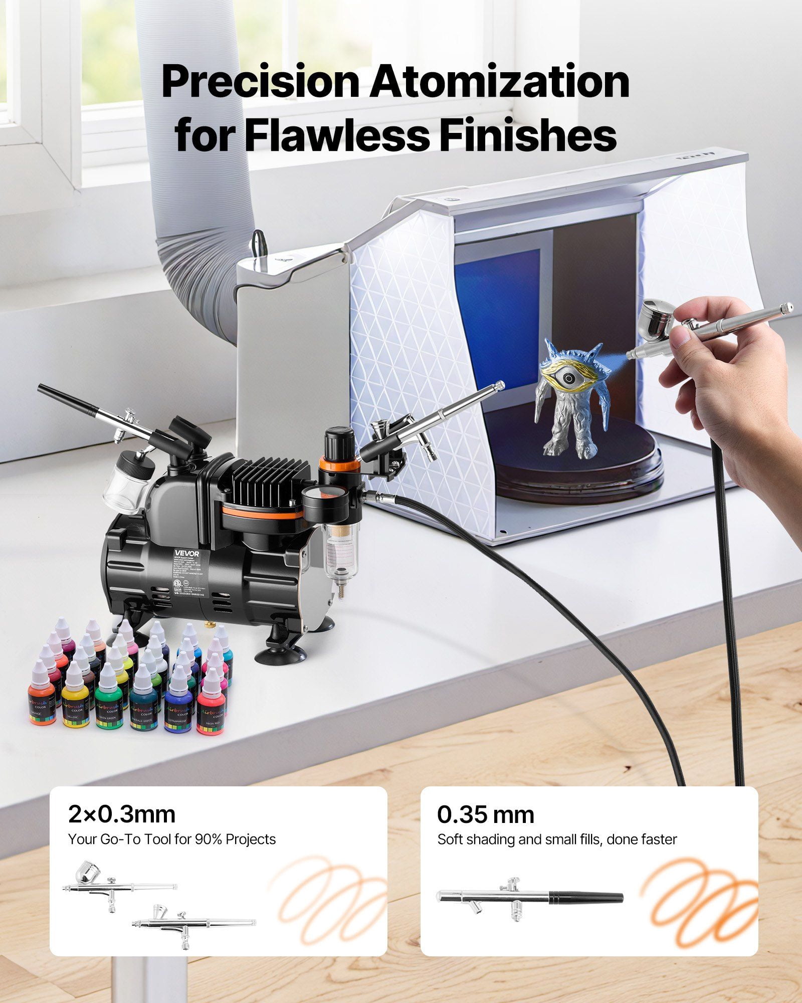 CAFORKP Professional Airbrush Kit 1/6 HP Compressor, 3 Dual-Action Airbrushes with Tips, Hose & Acrylic Paint - For Cake, Model, Nail Art