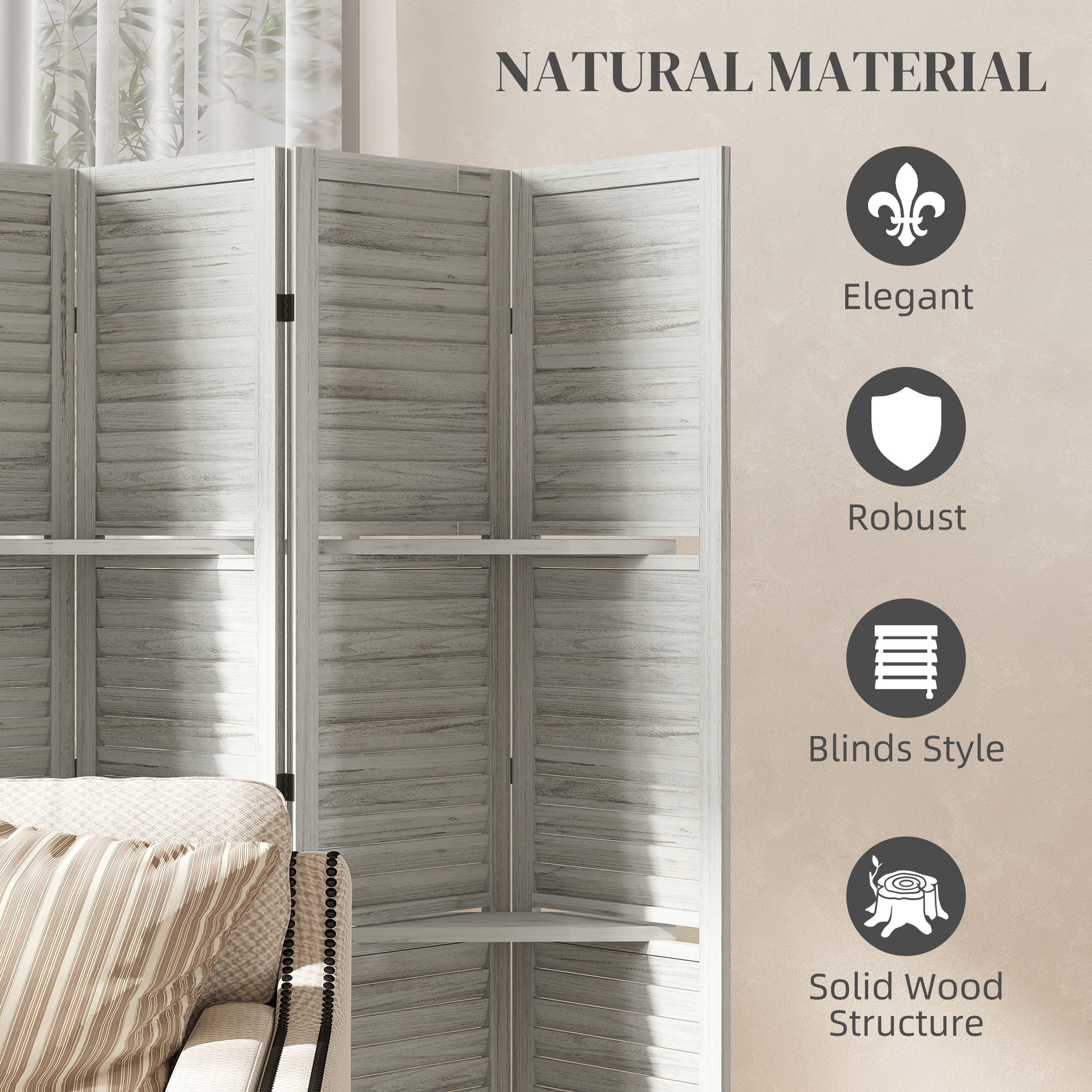 HOMCOM 6 Panel 67" Tall Wood Privacy Screen Room Divider with 3 Display Shelves, and Folding Storage for Bedroom or Home Office, Distressed White