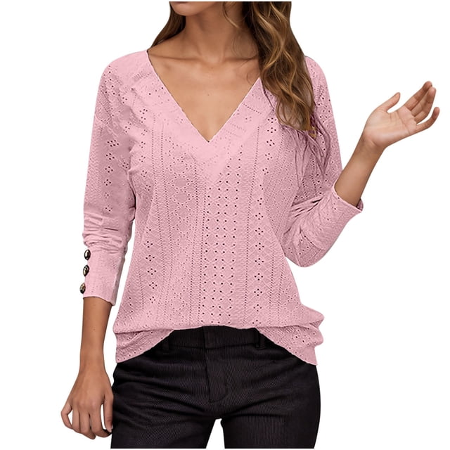 Yuyuzo Womens 3/4 Sleeve Eyelet Tops Fall Casual Deep V Neck Solid Color Lightweight Basic Shirts