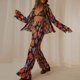 thumbnail image 2 of Traje de pantalón informal acampanado de manga larga con estampado de ondas de agua y solapa en V profundo para mujer Pompotops qwe24979, 2 of 5