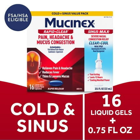 Mucinex Rapid Clear Sinus Relief, Liquid Gels 16 ct and Nasal Spray 0.75 fl oz Combo Pack