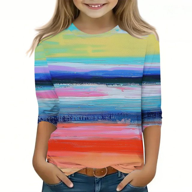 Sentmoon Chandail Décontracté pour Filles, Blouse Ample, Manches 3/4, Col Rond, Hauts Rayés, T-Shirt Tendance, Vêtements pour Filles 4-12 Ans, Articles en Liquidation, Rouge Melon D\'eau, 4 Ans