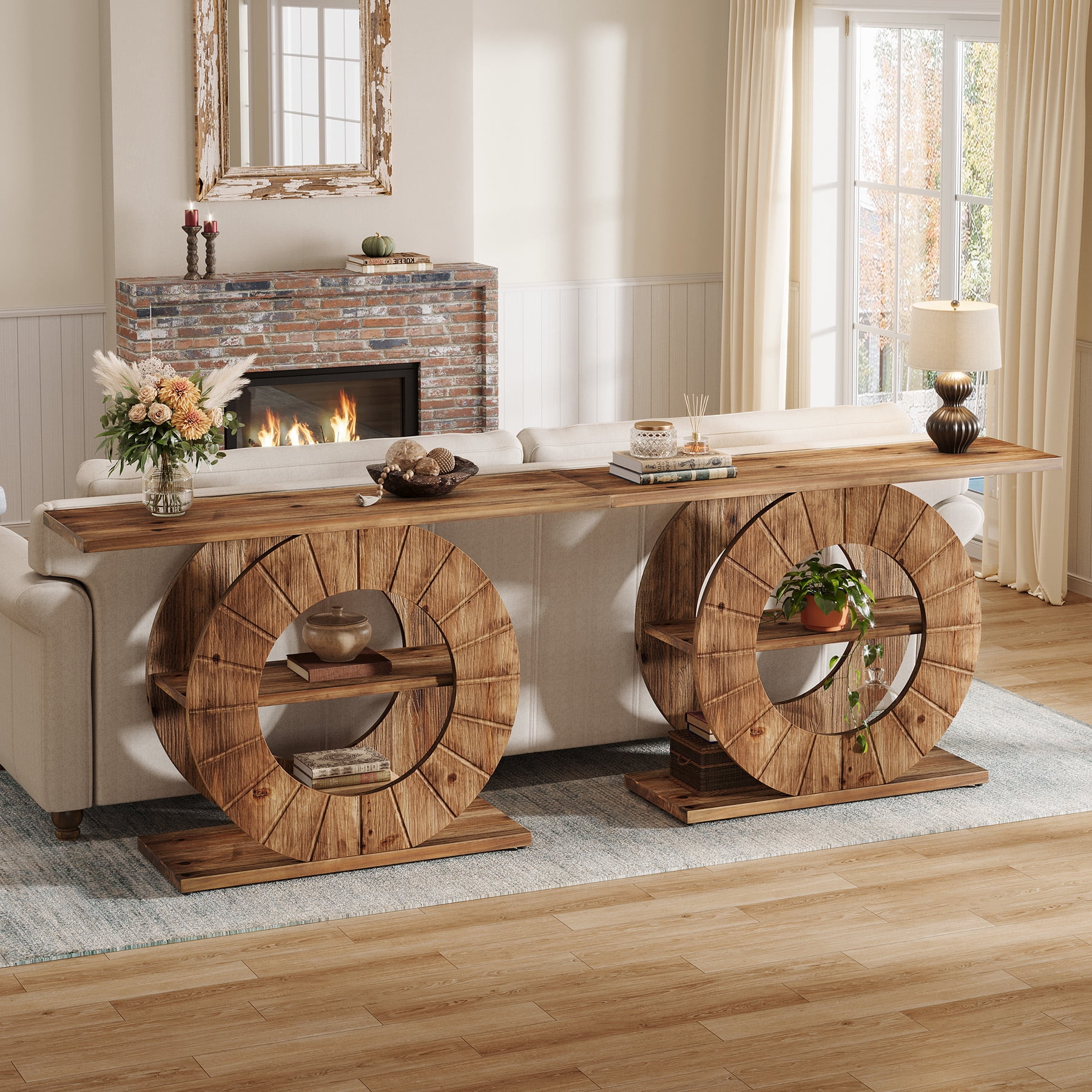 41" Solid Wood Console Table with 3-Tier Shelves, Round Carved Base, Farmhouse Entryway or Sofa Table for Living Room, Hallway, Foyer