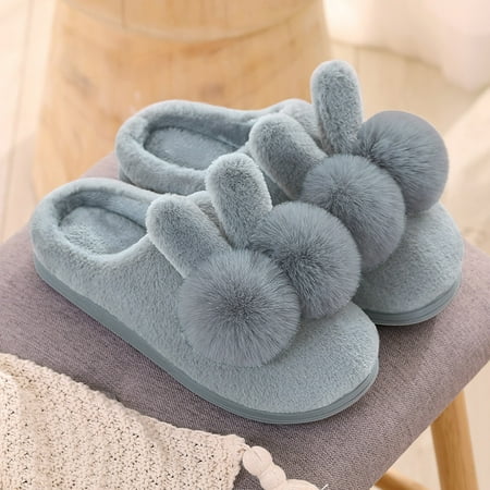 

Women Shoes Couples Women Slip On Furry Plush Flat Home Winter Round Toe Keep Warm Cartoon Rabbit Ear Slippers Shoes Grey 7.5