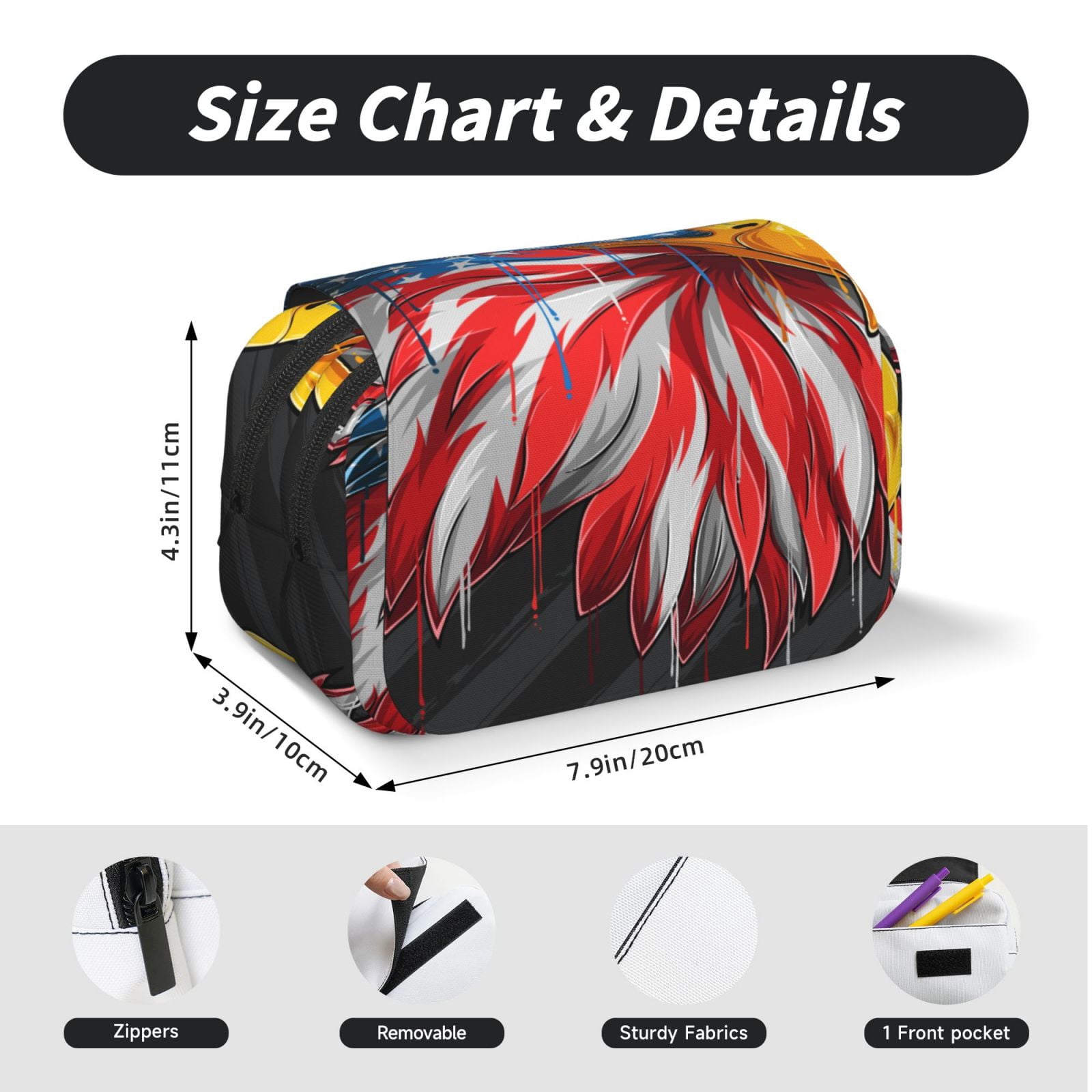 Rateoe Eagle Head With American Flag Pattern Double Clamshell Pen Case, Storage Organizer with Two Zipper Compartments– Holds Up to 50 Pencils & Pens