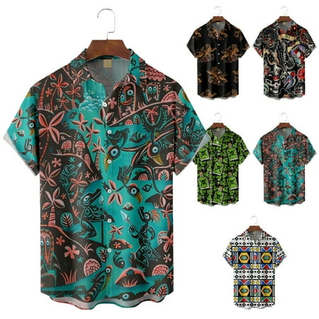 

Boys Casual Button Down Short Sleeve Tees Lapel Print Party Tops for Men Women
