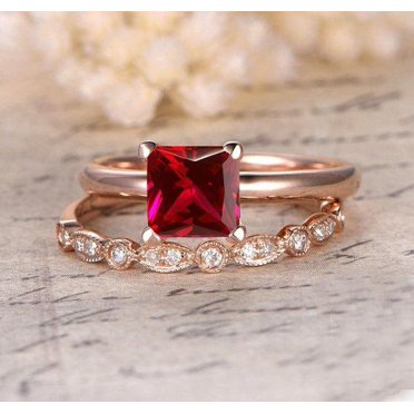 1.75 Carat Ruby 6mm Princess cut with Moissanite Diamond Engagement Bridal Wedding Ring Set in 10k Rose Gold