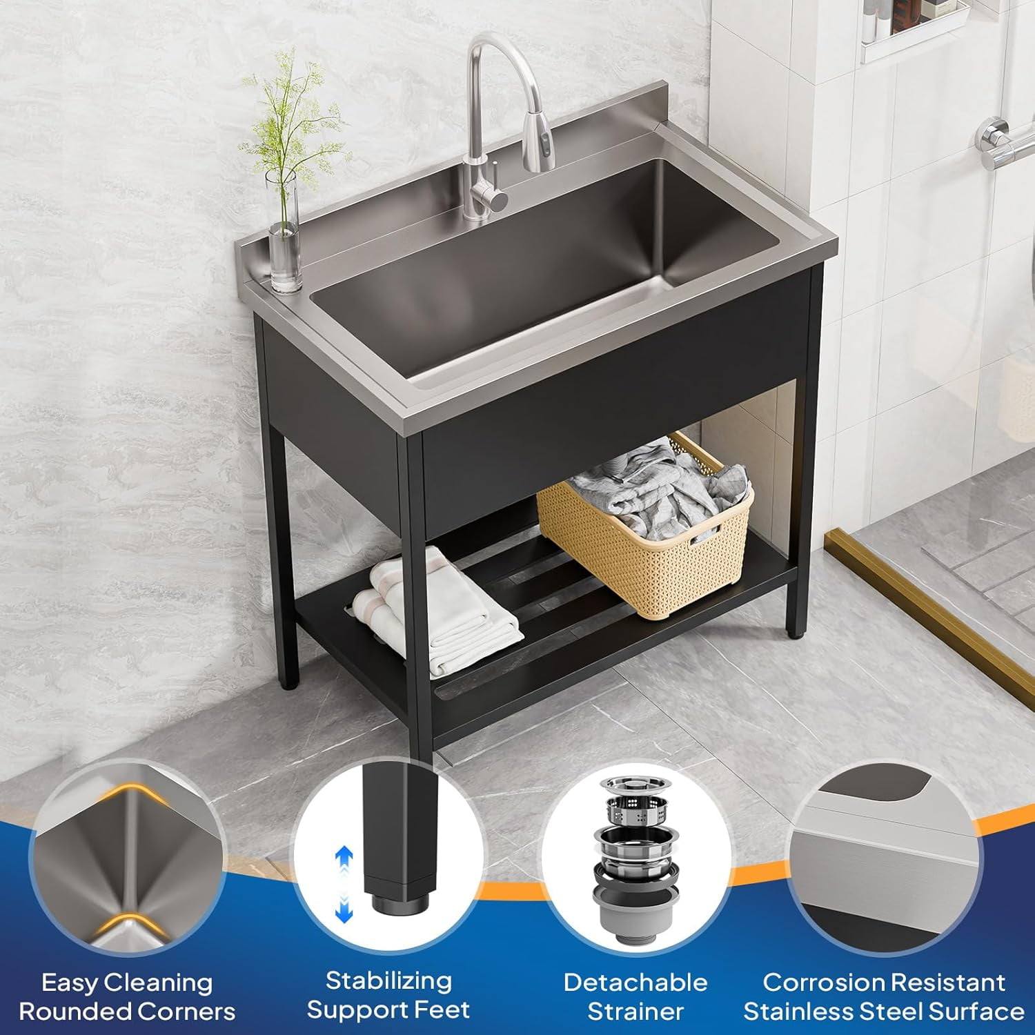 Ktaxon Stainless Steel Utility Sink, Free Standing Sink with Faucet, Perfect for Laundry Room, Kitchen, Restaurant, Garage, Backyard, 20"D x 36"W x 38"H