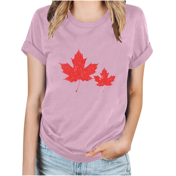 Fiudx Liquidación de Ahorros de Verano Camiseta Básica de Verano de Manga Corta Informal para Mujer, Blusa con Estampado de Hoja de Arce Del Día de Canadá, Camiseta con Cuello Redondo