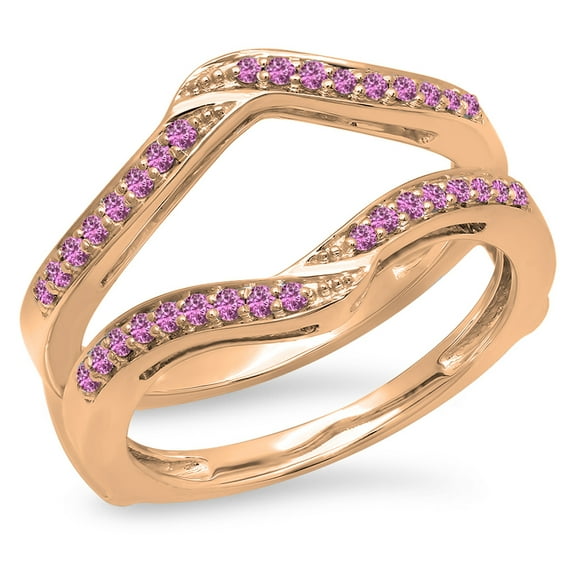0.30 Carat (ctw) 14K Rose Gold Round Pink Sapphire Ladies Anniversary Wedding Band Enhancer Guard Double Ring 1/3 CT