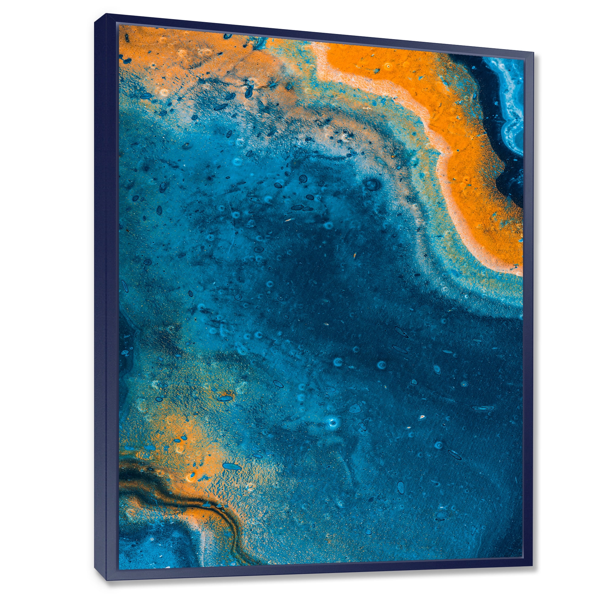 Designart 'Abstract Marble Composition In Orange and Blue V' Modern Framed Canvas Wall Art Print