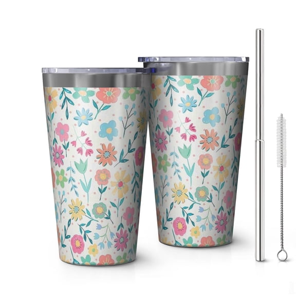 16oz Tumblers Pioneer Flower Floral Print Pattern Stainless Steel Vacuum Insulated Double Wall Travel Tumbler Cups Mug with Lid and Straw,Cleaning Brush for Coffee,Tea