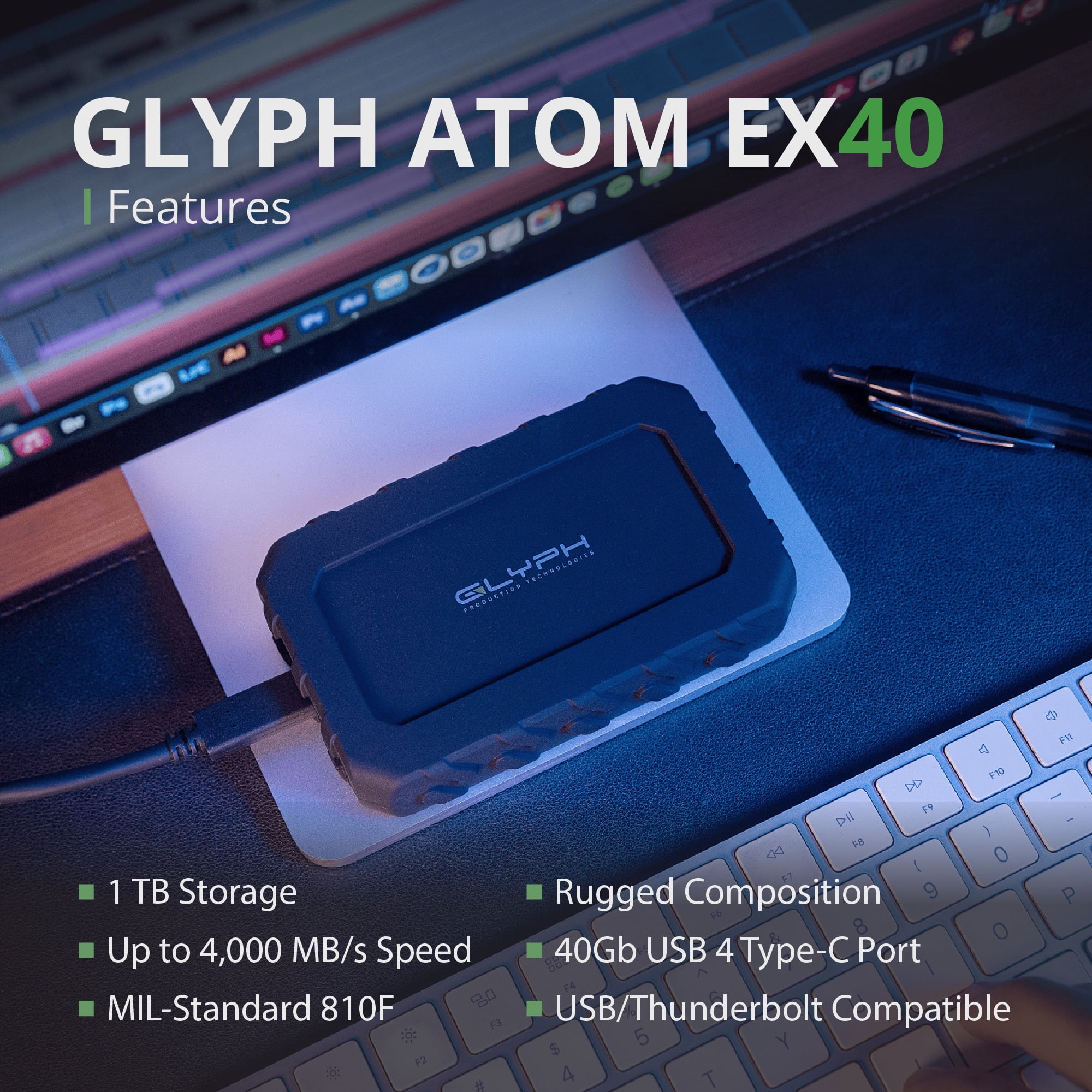 Glyph Atom EX40 High-Intensity 1TB Portable NVMe SSD with USB-C 4 Port, Increased Thermal Ceiling, and Up to 4,000 MB/s Transfer Speed (Black)