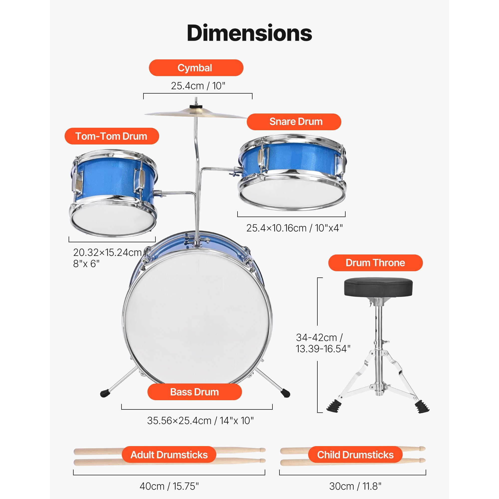 Kids Drum Set, 3-Piece 14 in Junior Drum Sets, Beginner Drums Set with Adjustable Throne, Cymbal & Two Pairs of Drumsticks, Musical Learning Drums Instruments Kit, for Children Ages 6-13 (Blue)