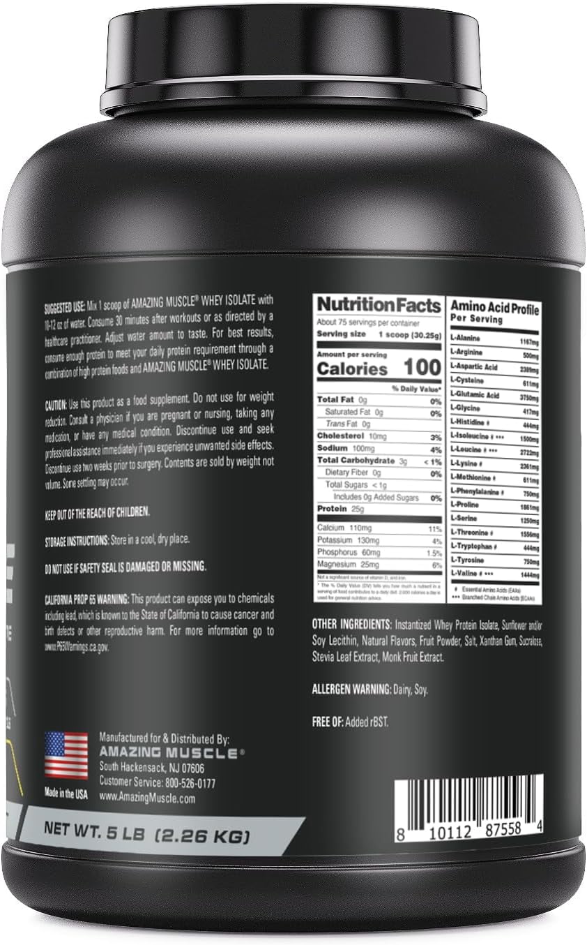 Amazing Muscle Whey Protein Isolate Powder 5Lbs Banana Flavor | 25 Grams Protein Per Serving | 75 Servings Supplement | 100% Whey Isolate | Made in USA