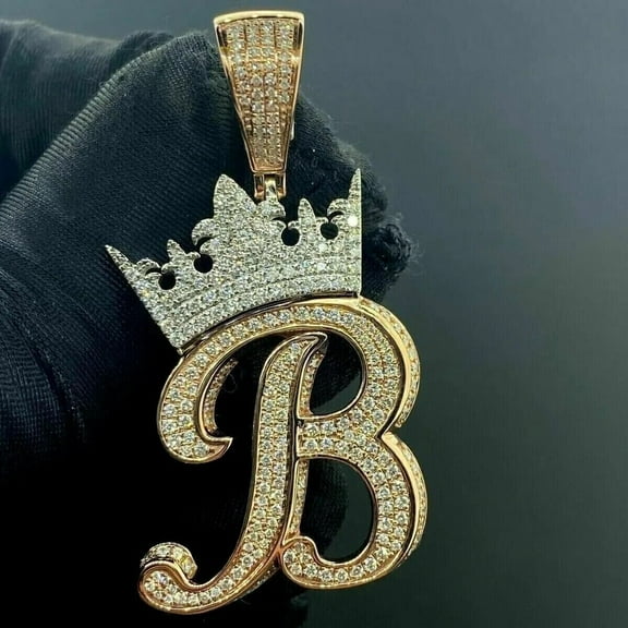 3Ct Round Cut Real Moissanite "B" Initial Letter Pendant 14K Yellow Gold Plated