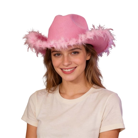 Gtoiithly Western Cowboy Hats with Plush Adult Disco Party Rolled Brims Cowboy Hats Pink-1 One Size