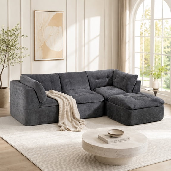DEALTOPS 111" Modular Sectional Sofa with Ottoman, 4-Seat Convertible Chenille Cloud Couch, Dark Gray