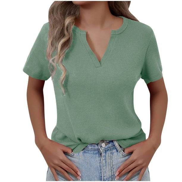 Mujeres de Verano Tops Nuevo Color Sólido Cuello en V Manga Corta con una Hendidura en el Doblado, Poliéster