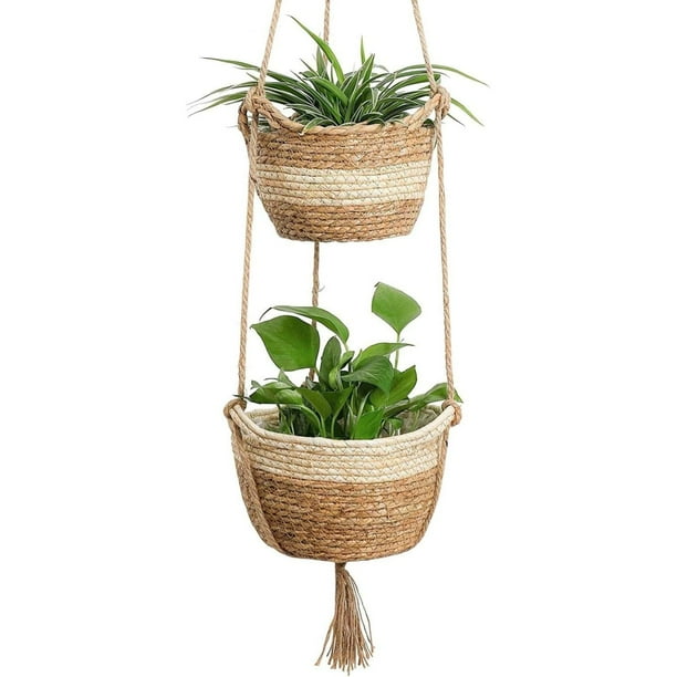 Cestas colgantes para plantas, cesta para plantas de pasto marino, 2 tamaños, macetas tejidas naturales, maceteros de pasto marino, cesta de almacenamiento para decoración del hogar, interior,