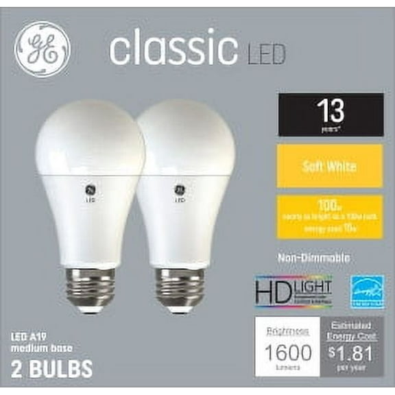 GE Classic LED 100 Watt Replacement, Soft White, A19  General Purpose Bulbs (2 Pack)