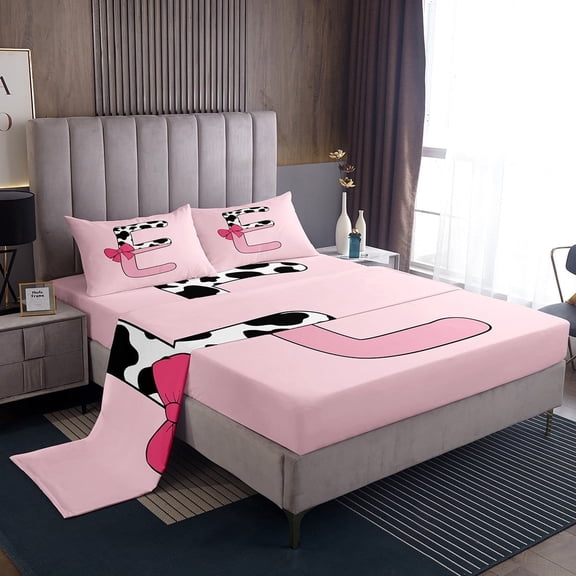 Erosebridal Initial Monogrammed Sheet Set Twin,Bowknot Cow Print Bedding Sets Twin Size,Ultra Soft Bed Sheets Twin,Kawaii Room Decorative,3pcs