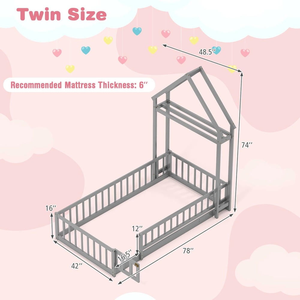Barara King Twin Size Bedroom Bed Floor Frame with House-shaped Headboard, Bed Platform Frame for Apartment, Bedroom, Gray