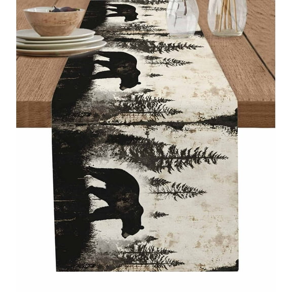 Black Beige Rustic Bear Table Runner 36 Inches, Farmhouse Country Wildlife Woodland Bed Runner Dresser Scarves Tabletop for Indoor Outdoor Parties/Ceremony/Banquet, 13"x 36"