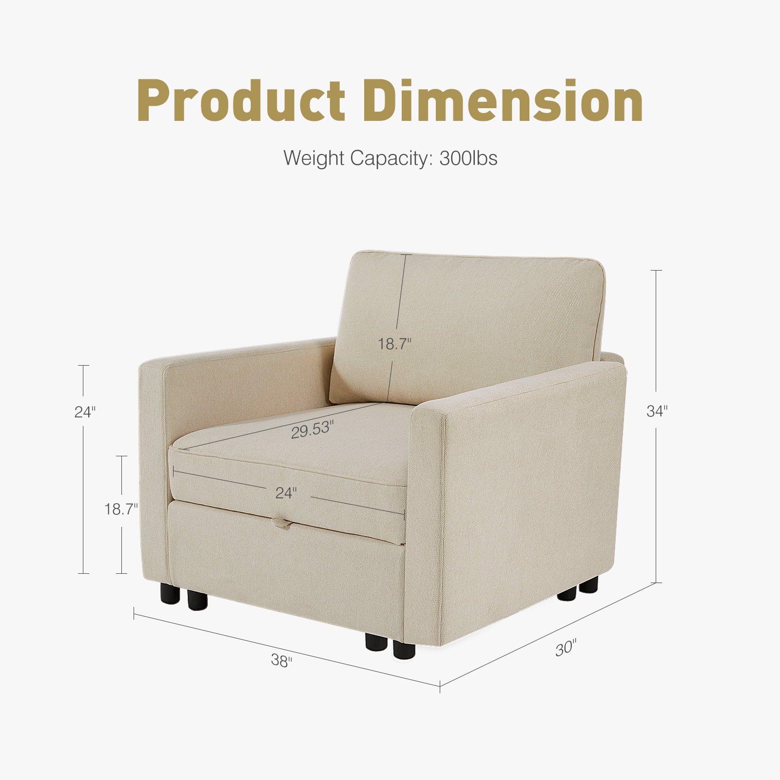 GIANNA 1-Seat Convertible Sectional Sofa Couch with Storage, Modern Sleeper Sofa with Extra Deep Seat Cushions, Soft Fabric, Compact Design for Small Spaces, Beige