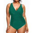 thumbnail image 4 of GHSDFBB Women Plus Size One Piece Swimsuits V Neck Tummy Control Bathing Suits Retro Ruched Swimwear, 4 of 6