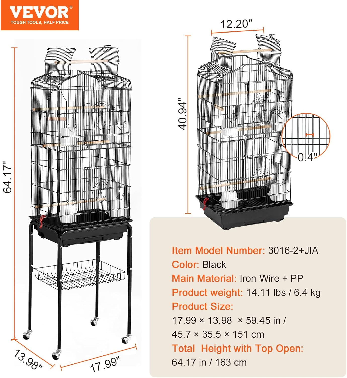 64-inch Open Top Large Parrot Bird Cage with Detachable Rolling Stand for Parakeets Finches Canaries Lovebirds Cockatiels Budgies Small Quaker Conures Flight Birdcage with Swing and Perch