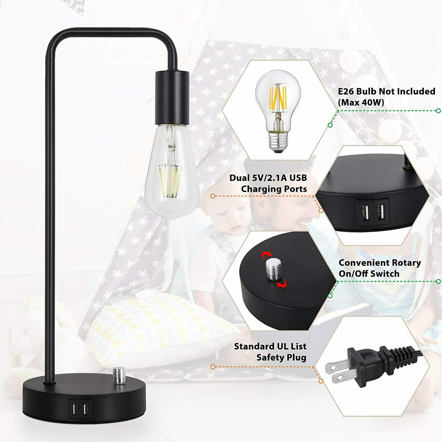 Industrial Bedside Table Lamp with 2 USB Charging Ports, Black